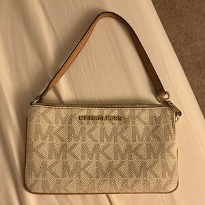 Michael Kors Beige Signature Wristlet with Tan Handle